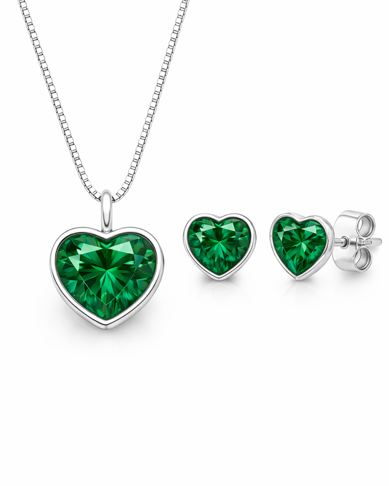 Conjunto Colar e Brinco Ponto de Luz Coração Verde Esmeralda Prata 925